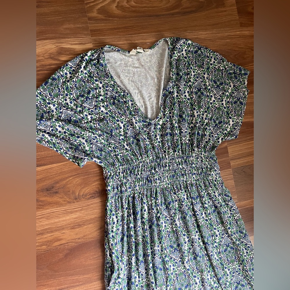 Boden 6P Petite Printed Midi Dress Blue Green Boho Smocked Waist - Picture 2 of 5